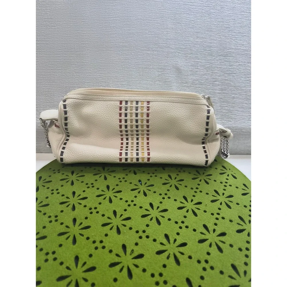 Brighton Barrel Shoulder Bag Womens White Pebble Leather Chain Strap Accents